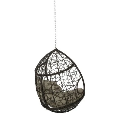 Castaic Indoor/Outdoor Wicker Hanging Chair With 8' Chain - Brown/Khaki - Christopher Knight Home 2 Castaic Indoor/Outdoor Wicker Hanging Chair With 8' Chain - Brown/Khaki - Christopher Knight Home - Image 2
