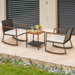 Costway 3PCS Patio Rattan Rocking Chair Bistro Set Armrest Cushion Table With Storage Shelf 12 Costway 3PCS Patio Rattan Rocking Chair Bistro Set Armrest Cushion Table With Storage Shelf -Deals Patio Elegance Store GUEST 67585143 9815 46a5 a63c 669e55b0016b