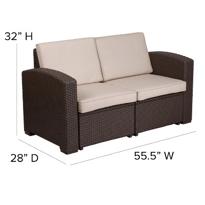 Merrick Lane Outdoor Furniture Resin Loveseat Chocolate Brown Faux Rattan Wicker Pattern 2-Seat Loveseat With All-Weather Beige Cushions 8 Merrick Lane Outdoor Furniture Resin Loveseat Chocolate Brown Faux Rattan Wicker Pattern 2-Seat Loveseat With All-Weather Beige Cushions - Image 8