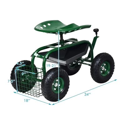 Costway Garden Cart Rolling Work Seat W/ Tool Tray Basket Green 7 Costway Garden Cart Rolling Work Seat W/ Tool Tray Basket Green - Image 7