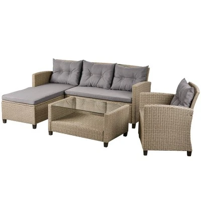 4pc Wicker Patio Conversation Set With Cushions - Beige/Brown - GODEER 5 4pc Wicker Patio Conversation Set With Cushions - Beige/Brown - GODEER - Image 5