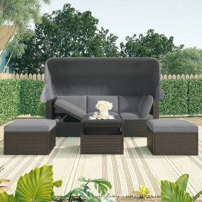 4pc Outdoor Wicker Rectangle Daybed With Canopy & Cushions - Gray - GODEER 1 4pc Outdoor Wicker Rectangle Daybed With Canopy & Cushions - Gray - GODEER