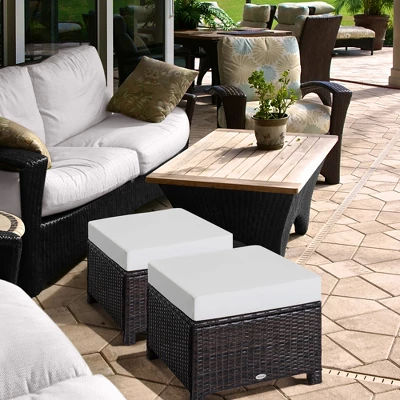 Outsunny 2 Pc 20" Outdoor PE Rattan Wicker Ottoman, Fade-Resistant Patio Footrest With Soft Cushion, Steel Frame, Dark Brown, White 2 Outsunny 2 Pc 20" Outdoor PE Rattan Wicker Ottoman, Fade-Resistant Patio Footrest With Soft Cushion, Steel Frame, Dark Brown, White - Image 2