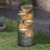 LuxenHome Modern Gray Cement Tiered Bowls Outdoor Fountain With Lights