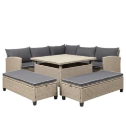 6pc Wicker Patio Set With Benches - Brown/Gray - GODEER -Deals Patio Elegance Store GUEST 6e661c15 7650 4090 987d 681896c146ea
