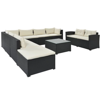 9pc Wicker Patio Sectional Seating Set With Cushions - Black/Beige - GODEER 8 9pc Wicker Patio Sectional Seating Set With Cushions - Black/Beige - GODEER - Image 8