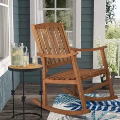 Penny Classic Slat-Back Acacia Wood Patio Outdoor Rocking Chair - JONATHAN Y