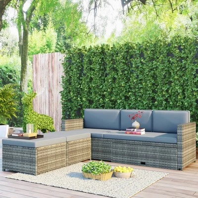 4pc Outdoor Wicker Conversation Sectional Set With Cushions - Gray - GODEER 2 4pc Outdoor Wicker Conversation Sectional Set With Cushions - Gray - GODEER - Image 2