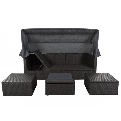 4pc Outdoor Wicker Rectangle Daybed With Canopy & Cushions - Gray - GODEER 4 4pc Outdoor Wicker Rectangle Daybed With Canopy & Cushions - Gray - GODEER - Image 4