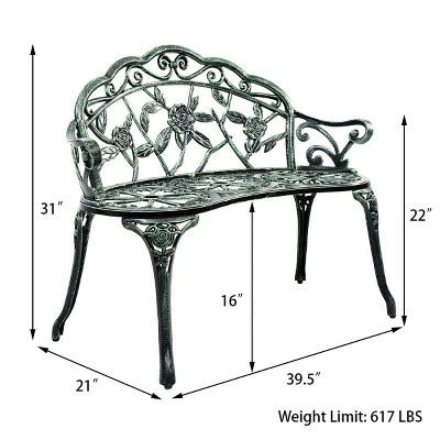 Costway Patio Garden Bench Chair Style Porch Cast Aluminum Outdoor Rose Antique Green 1 Costway Patio Garden Bench Chair Style Porch Cast Aluminum Outdoor Rose Antique Green