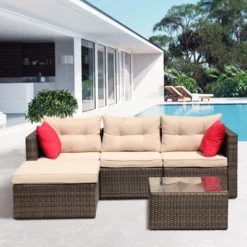5pc Wicker Patio Sectional Seating Set With Shallow Cushions - Brown - GODEER -Deals Patio Elegance Store GUEST 7be5e328 e1ef 46f4 8863 bb92692cb4e7
