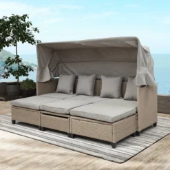 4pc Outdoor Adjustable Wicker Sectional Set With Canopy & Table - GODEER