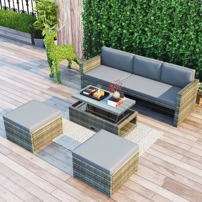 4pc Outdoor Wicker Conversation Sectional Set With Cushions - Gray - GODEER 3 4pc Outdoor Wicker Conversation Sectional Set With Cushions - Gray - GODEER - Image 3