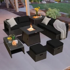 Costway 9PCS Patio Rattan Furniture Set Fire Pit Space-saving W/ Cushion Cover -Deals Patio Elegance Store GUEST 827d770d 7936 4620 83f6 80091a592b35