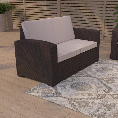 Merrick Lane Outdoor Furniture Resin Loveseat Chocolate Brown Faux Rattan Wicker Pattern 2-Seat Loveseat With All-Weather Beige Cushions 1 Merrick Lane Outdoor Furniture Resin Loveseat Chocolate Brown Faux Rattan Wicker Pattern 2-Seat Loveseat With All-Weather Beige Cushions