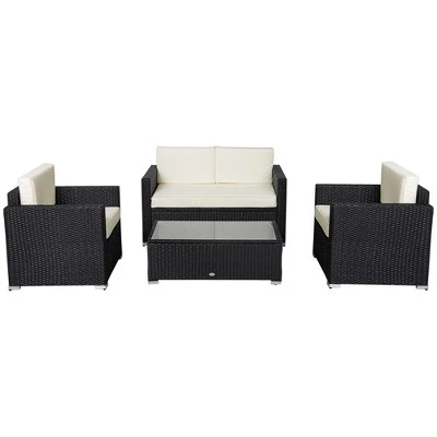 Outsunny 4-Piece Rattan Wicker Furniture Set, Outdoor Cushioned Conversation Furniture With 2 Chairs, Loveseat, And Glass Coffee Table 2 Outsunny 4-Piece Rattan Wicker Furniture Set, Outdoor Cushioned Conversation Furniture With 2 Chairs, Loveseat, And Glass Coffee Table - Image 2
