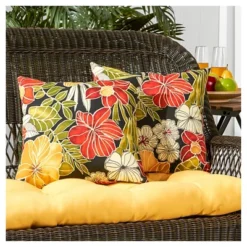 Set Of 2 Aloha Black Floral Outdoor Square Throw Pillows - Kensington Garden