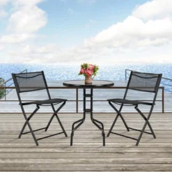 Tangkula 3-Piece Patio Bistro Dining Furniture Set, Outdoor Patio Conversation Set With Round Black Tempered Glass Tabletop And 2 Folding Chairs -Deals Patio Elegance Store GUEST 87eb681e 1274 4e5c 84d8 d65095a2e614