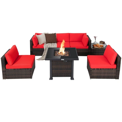 Tangkula Patio Rattan 7PCS Cushioned Chair Set Furniture Set Thick Cushion W/ 50,000 BTU Propane Fire Pit Table For Garden Black/Navy/Red/Turquoise/Off White 10 Tangkula Patio Rattan 7PCS Cushioned Chair Set Furniture Set Thick Cushion W/ 50,000 BTU Propane Fire Pit Table For Garden Black/Navy/Red/Turquoise/Off White - Image 10