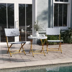 Emma And Oliver Three Piece Folding French Bistro Set In PE Rattan With Metal Frames For Indoor And Outdoor Use