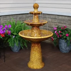Sunnydaze Decor Sunnydaze 43"H Electric Ceramic 3-Tier Floral Motif Outdoor Water Fountain With LED Lights