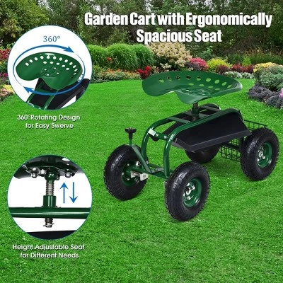 Costway Garden Cart Rolling Work Seat W/ Tool Tray Basket Green 6 Costway Garden Cart Rolling Work Seat W/ Tool Tray Basket Green - Image 6