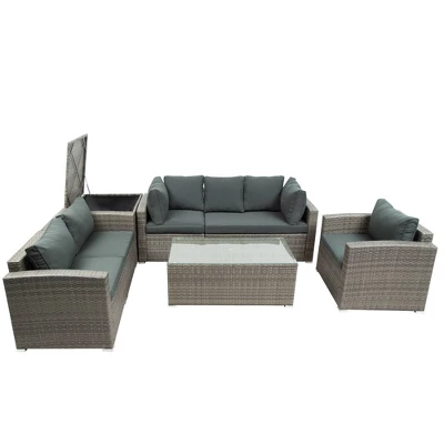 7pc Wicker Patio Seating Set With Storage Box - Gray - GODEER 5 7pc Wicker Patio Seating Set With Storage Box - Gray - GODEER - Image 5