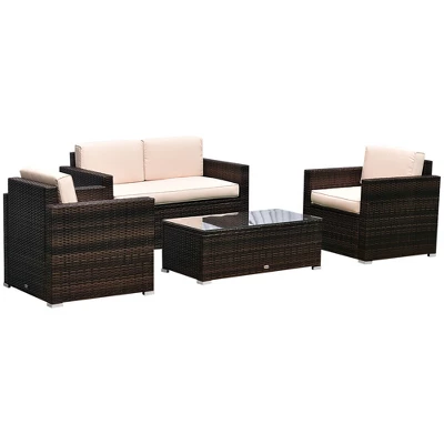 Outsunny 4-Piece Rattan Wicker Furniture Set, Outdoor Cushioned Conversation Furniture With 2 Chairs, Loveseat, And Glass Coffee Table 9 Outsunny 4-Piece Rattan Wicker Furniture Set, Outdoor Cushioned Conversation Furniture With 2 Chairs, Loveseat, And Glass Coffee Table - Image 9