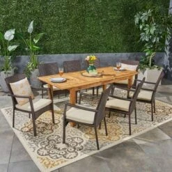 Davenport 9pc Wood & Wicker Expandable Dining Set - Natural/Brown/Cream - Christopher Knight Home