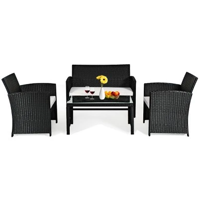 Costway 4PCS Patio Rattan Furniture Set Table &Sofa W/Cushion Garden Black 1 Costway 4PCS Patio Rattan Furniture Set Table &Sofa W/Cushion Garden Black