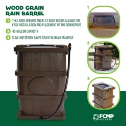 FCMP Outdoor WG4000 45 Gallon Wood Grain Outdoor Home Rain Water Catcher Barrel Flat Back Container With Spigots And Mesh Screen, Brown 8 FCMP Outdoor WG4000 45 Gallon Wood Grain Outdoor Home Rain Water Catcher Barrel Flat Back Container With Spigots And Mesh Screen, Brown -Deals Patio Elegance Store GUEST 9da25afa 9e69 4535 bdd4 e95507f100c3