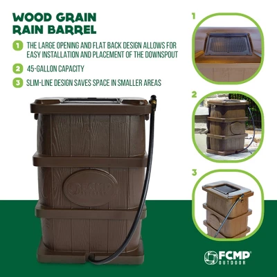 FCMP Outdoor WG4000 45 Gallon Wood Grain Outdoor Home Rain Water Catcher Barrel Flat Back Container With Spigots And Mesh Screen, Brown 4 FCMP Outdoor WG4000 45 Gallon Wood Grain Outdoor Home Rain Water Catcher Barrel Flat Back Container With Spigots And Mesh Screen, Brown - Image 4