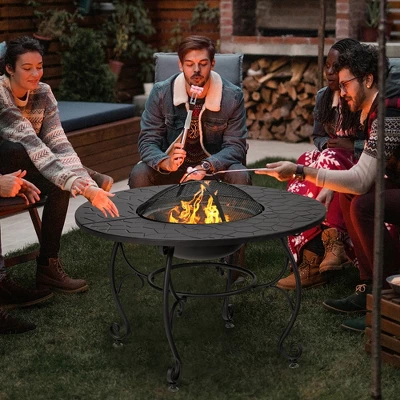 Costway 35.5'' Patio Fire Pit Dining Table Charcoal Wood Burning W/ Cooking BBQ Grate 2 Costway 35.5'' Patio Fire Pit Dining Table Charcoal Wood Burning W/ Cooking BBQ Grate - Image 2