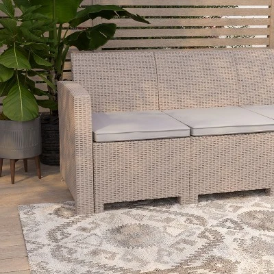 Merrick Lane Outdoor Furniture Resin Sofa Faux Rattan Wicker Pattern Patio 3-Seat Sofa With All-Weather Cushions 5 Merrick Lane Outdoor Furniture Resin Sofa Faux Rattan Wicker Pattern Patio 3-Seat Sofa With All-Weather Cushions - Image 5