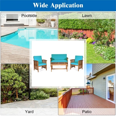 Costway 4PCS Patio Solid Wood Furniture Set Conversation Coffee Table TurquoiseBlack Cushion 4 Costway 4PCS Patio Solid Wood Furniture Set Conversation Coffee Table TurquoiseBlack Cushion - Image 4