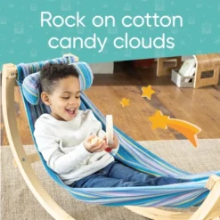 HearthSong - Kids Indoor Lightweight Wood And Blue Cotton Polyester Rocking Floor Hammock With Pillow, 50"L X 14"W