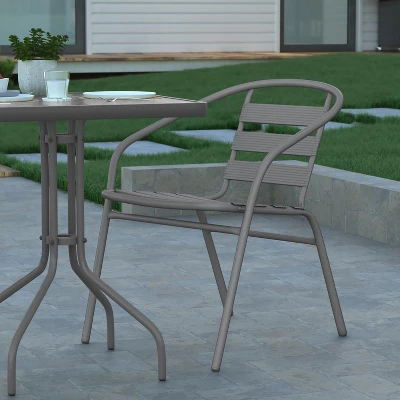 Emma And Oliver 23.5'' Square Glass Top Metal Table With 2 Aluminum Slat Stack Chairs 5 Emma And Oliver 23.5'' Square Glass Top Metal Table With 2 Aluminum Slat Stack Chairs - Image 5