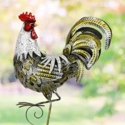 24.88" Metal Rooster Statue White/Gold - Exhart