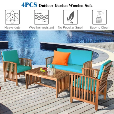 Costway 4PCS Patio Solid Wood Furniture Set Conversation Coffee Table TurquoiseBlack Cushion 5 Costway 4PCS Patio Solid Wood Furniture Set Conversation Coffee Table TurquoiseBlack Cushion - Image 5