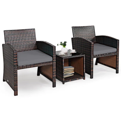 Tangkula 3 PCS Patio Rattan Furniture Set Conversation Chair Set With Soft Cushion & Coffee Table For Backyard Poolside Garden Gray 5 Tangkula 3 PCS Patio Rattan Furniture Set Conversation Chair Set With Soft Cushion & Coffee Table For Backyard Poolside Garden Gray - Image 5