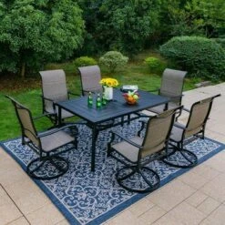 7pc Outdoor Dining Set With With Padded Sling Chairs & Metal Rectangle Table With Umbrella Hole - Captiva Designs