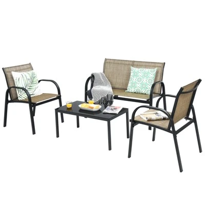 Tangkula 4PCS Metal Coversation Set With Black Coffee Tbale Brown 4 Tangkula 4PCS Metal Coversation Set With Black Coffee Tbale Brown - Image 4