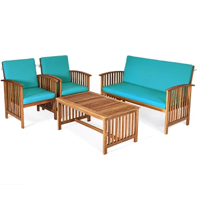 Costway 4PCS Patio Solid Wood Furniture Set Conversation Coffee Table TurquoiseBlack Cushion 9 Costway 4PCS Patio Solid Wood Furniture Set Conversation Coffee Table TurquoiseBlack Cushion - Image 9