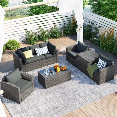 7pc Wicker Patio Seating Set With Storage Box - Gray - GODEER 1 7pc Wicker Patio Seating Set With Storage Box - Gray - GODEER