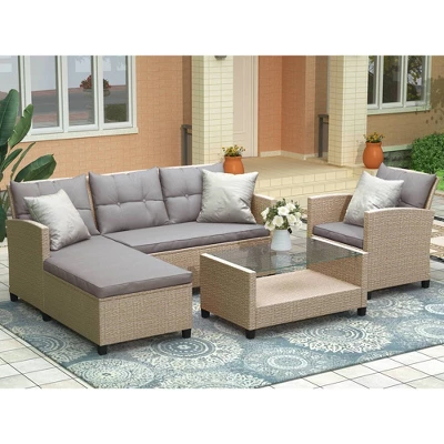 4pc Wicker Patio Conversation Set With Cushions - Beige/Brown - GODEER 1 4pc Wicker Patio Conversation Set With Cushions - Beige/Brown - GODEER