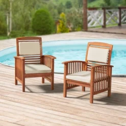 Lyndon 2pk Eucalyptus Wood Patio Chairs With Cushions - Light Brown - Alaterre Furniture