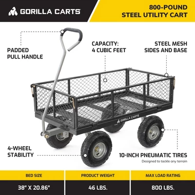Gorilla Cart 800lbs. Heavy Duty Durable Steel Mesh Flatbed Garden Utility Wagon Cart - Black 2 Gorilla Cart 800lbs. Heavy Duty Durable Steel Mesh Flatbed Garden Utility Wagon Cart - Black - Image 2