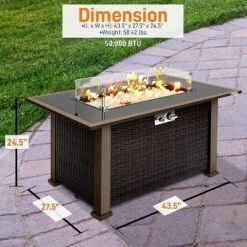 Serenelife SLFPTL Outdoor Backyard Steel Patio Liquid Propane Heated Fire Pit Table With Glass Guard, Tabletop, And Rattan Panels, Black