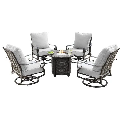 5pc Outdoor Dining Set With 34" Aluminum Round Basket Weave Design Fire Table, Deep Seating Swivel Rocking Chairs & Covers - Oakland Living 1 5pc Outdoor Dining Set With 34" Aluminum Round Basket Weave Design Fire Table, Deep Seating Swivel Rocking Chairs & Covers - Oakland Living