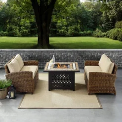 Crosley 3pc Bradenton Steel Outdoor Patio Fire Pit Furniture Set With Two Loveseats Tan/Brown